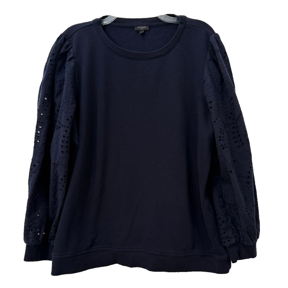 Talbots Plus Size 2X Navy Blue Eyelet Puff Sleeve Terry Lined Crewneck Pullover